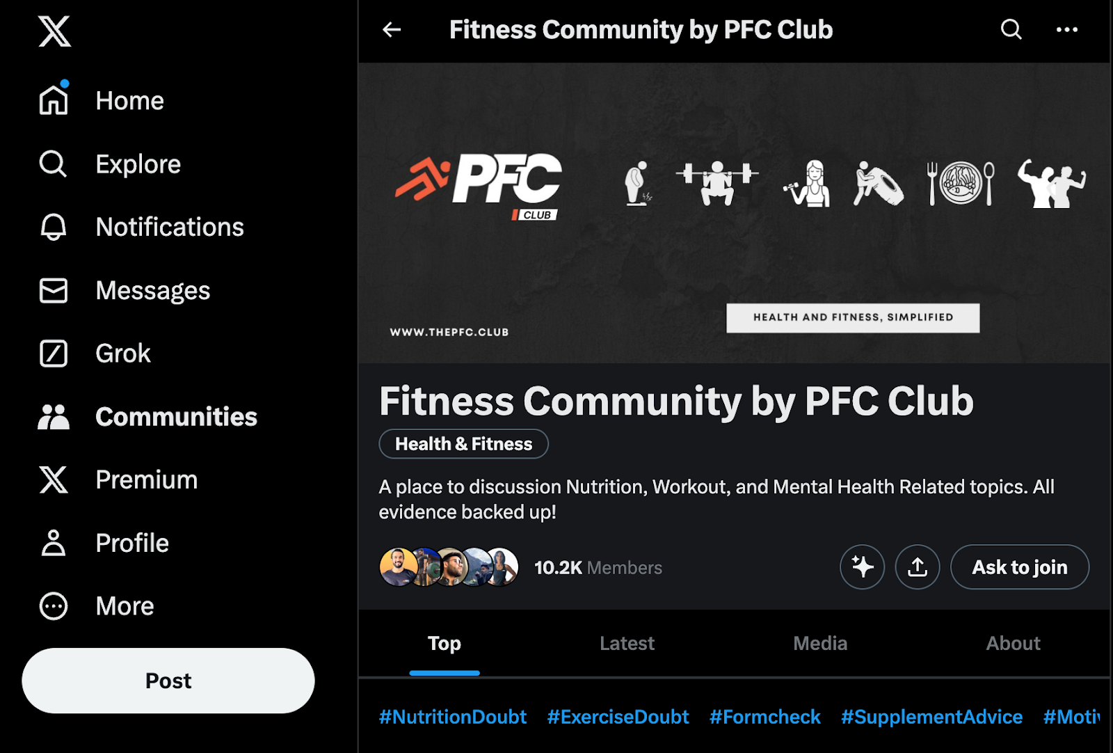 The PFC Club is an online fitness business that offers coaching and diet plans. Its X Community allows users to discuss nutrition, workouts, and mental health topics.